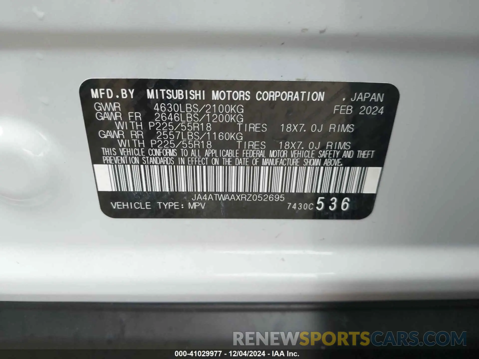 9 fotografías del automóvil dañado JA4ATWAAXRZ052695 MITSUBISHI ECLIPSE CROSS 2024