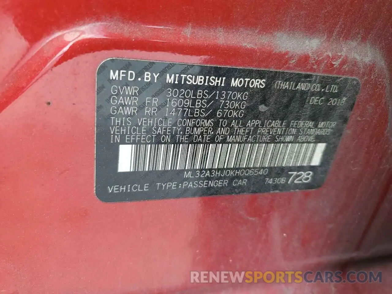 12 fotografías del automóvil dañado ML32A3HJ0KH006540 MITSUBISHI MIRAGE 2019