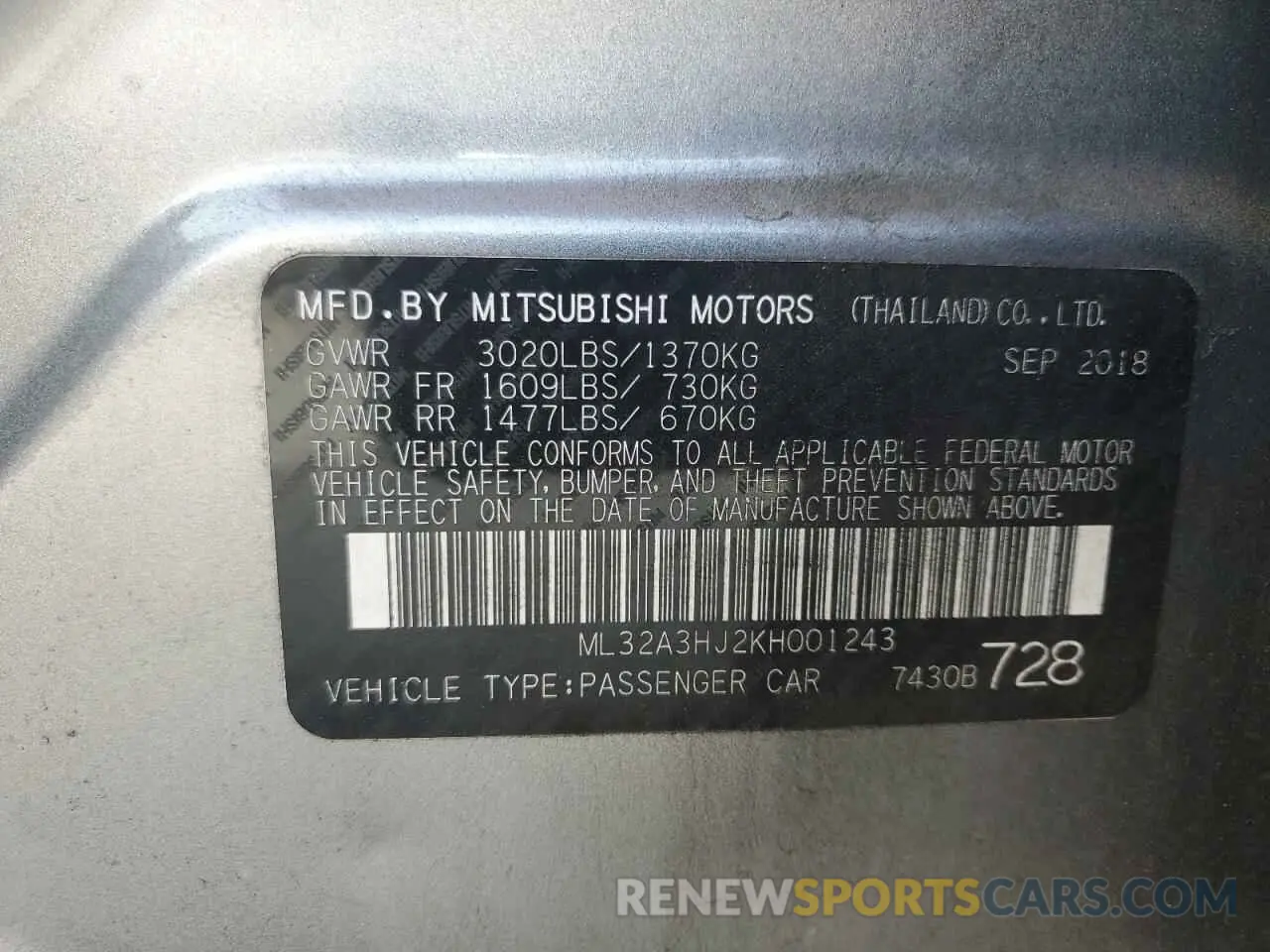 14 fotografías del automóvil dañado ML32A3HJ2KH001243 MITSUBISHI MIRAGE 2019