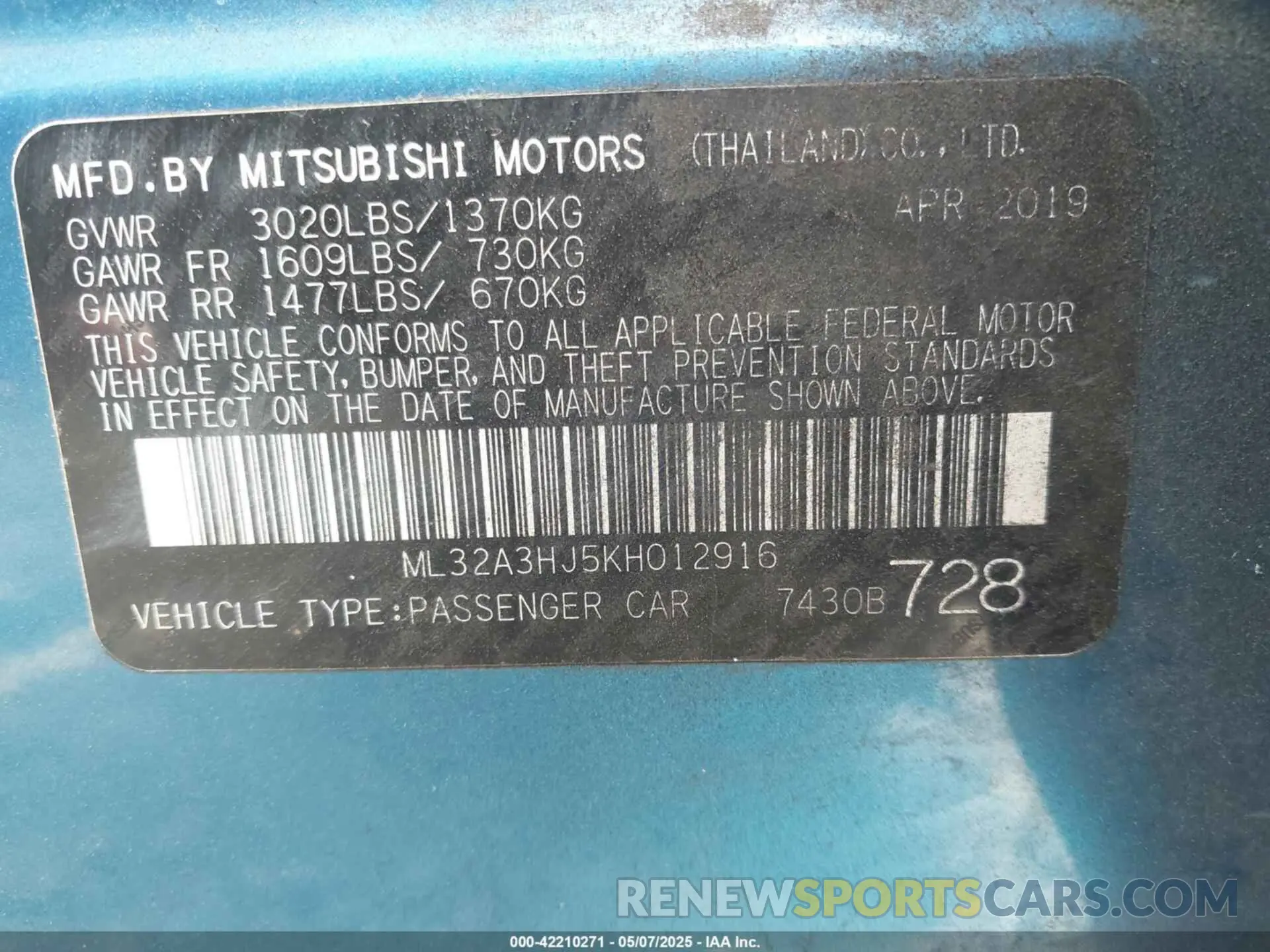 9 fotografías del automóvil dañado ML32A3HJ5KH012916 MITSUBISHI MIRAGE 2019