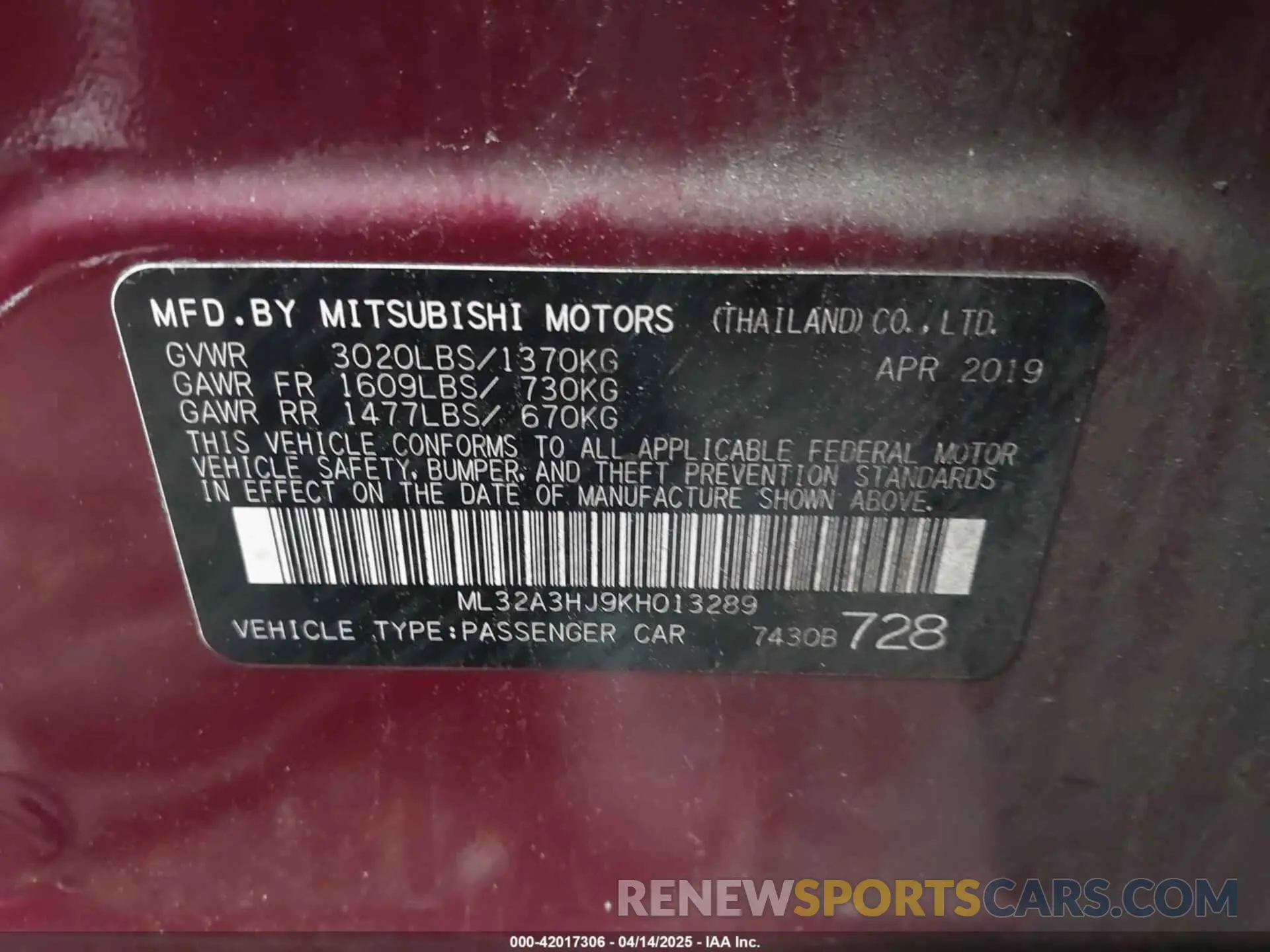 9 fotografías del automóvil dañado ML32A3HJ9KH013289 MITSUBISHI MIRAGE 2019
