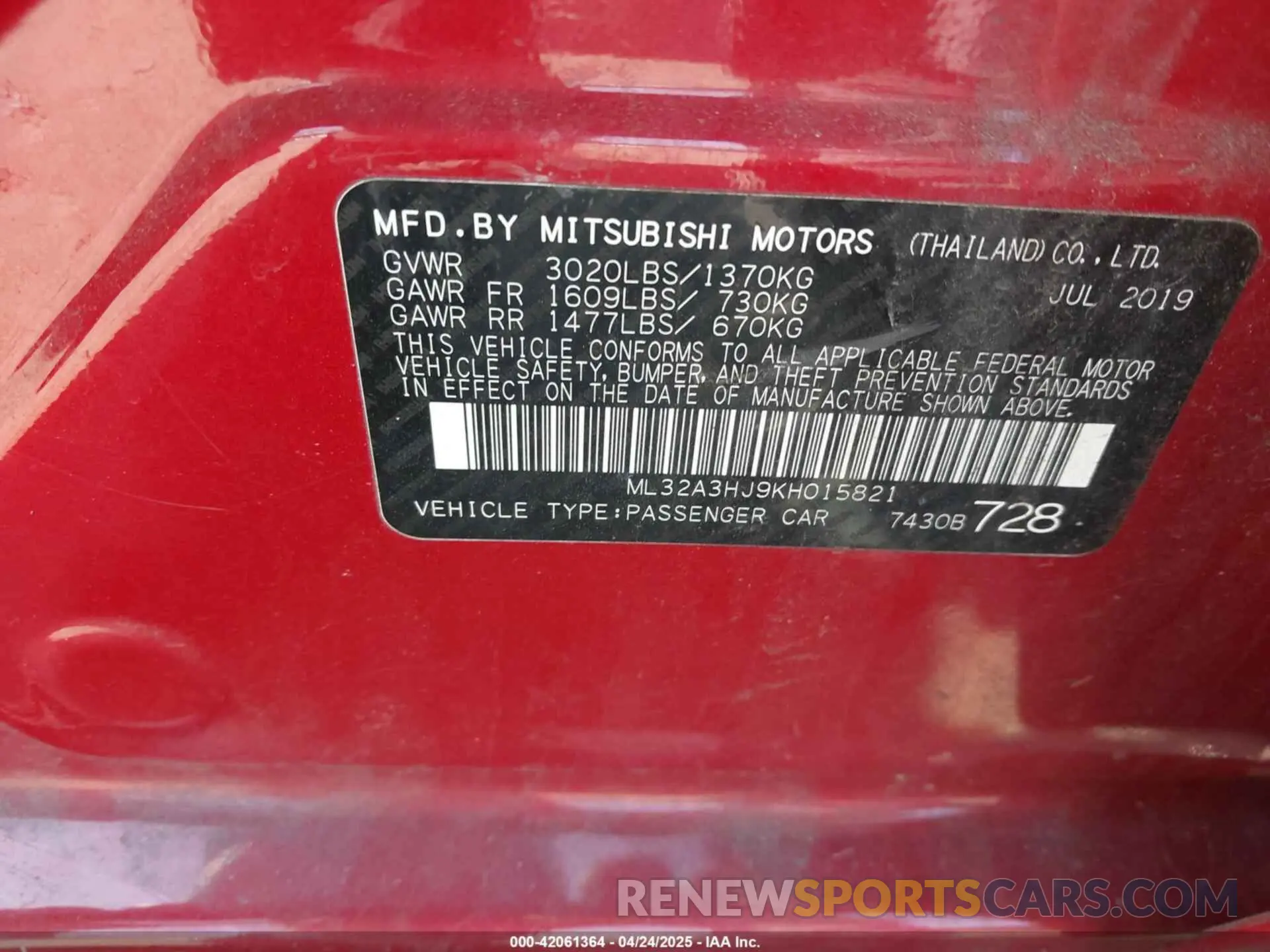 9 fotografías del automóvil dañado ML32A3HJ9KH015821 MITSUBISHI MIRAGE 2019