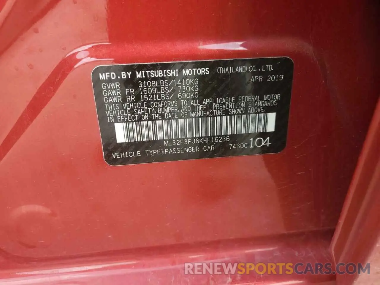 14 fotografías del automóvil dañado ML32F3FJ6KHF16236 MITSUBISHI MIRAGE 2019