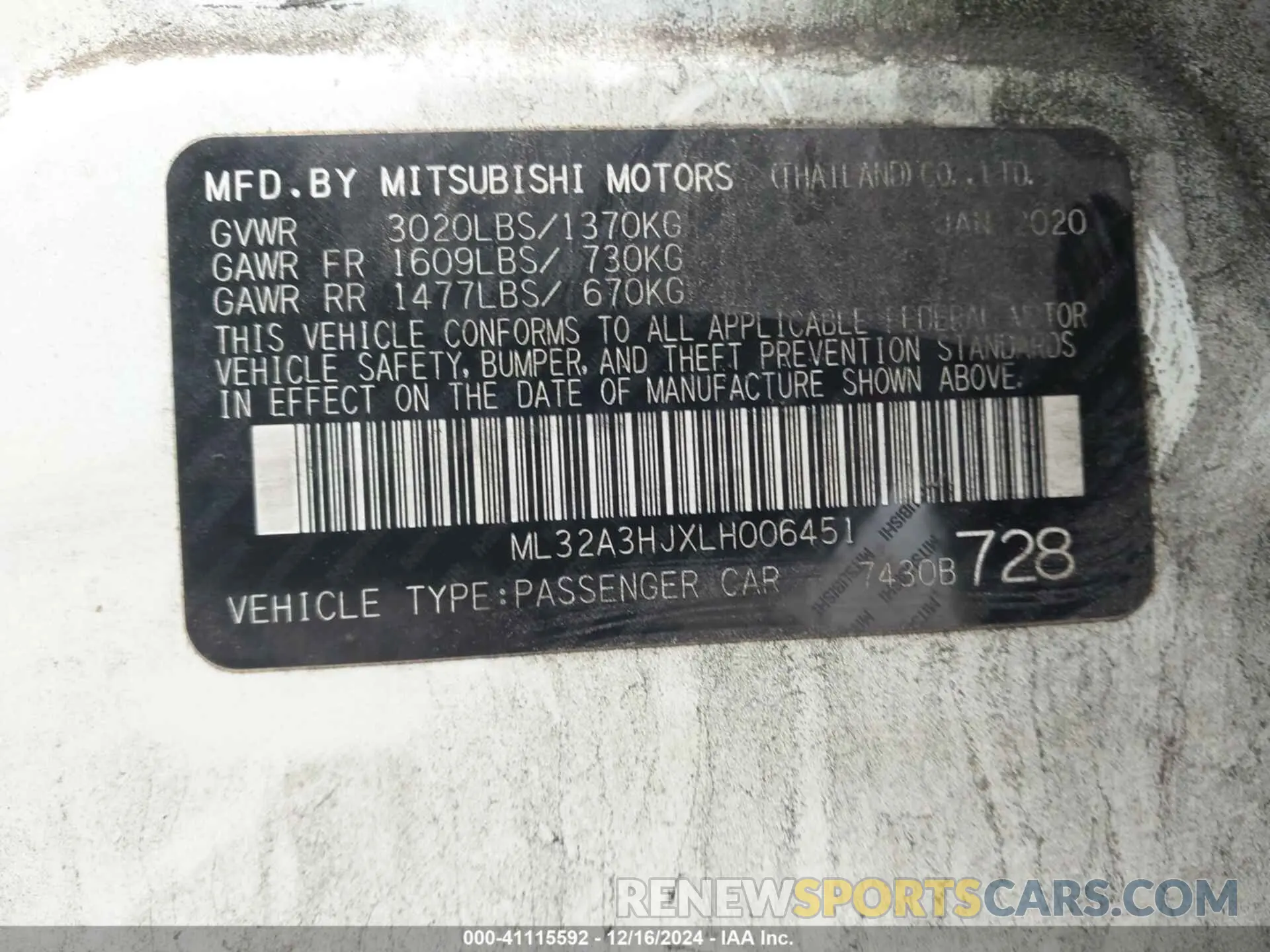 9 fotografías del automóvil dañado ML32A3HJXLH006451 MITSUBISHI MIRAGE 2020