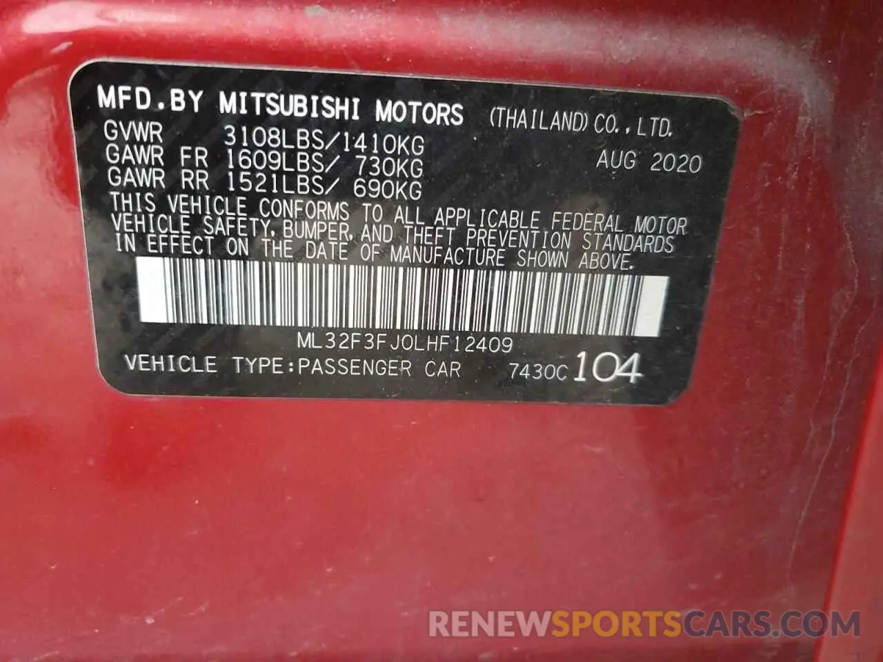 12 fotografías del automóvil dañado ML32F3FJ0LHF12409 MITSUBISHI MIRAGE 2020