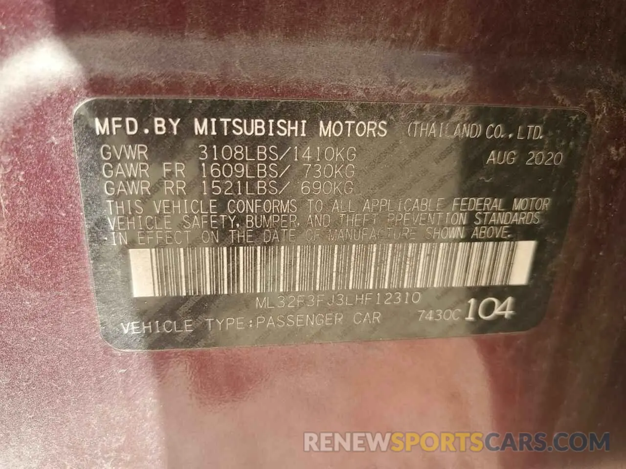 12 fotografías del automóvil dañado ML32F3FJ3LHF12310 MITSUBISHI MIRAGE 2020