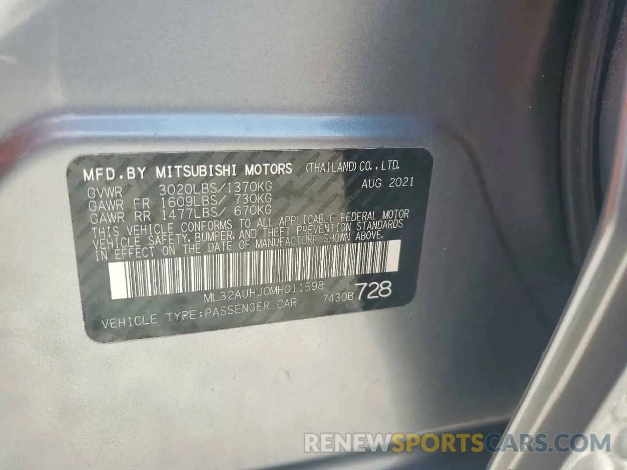 12 fotografías del automóvil dañado ML32AUHJ0MH011598 MITSUBISHI MIRAGE 2021