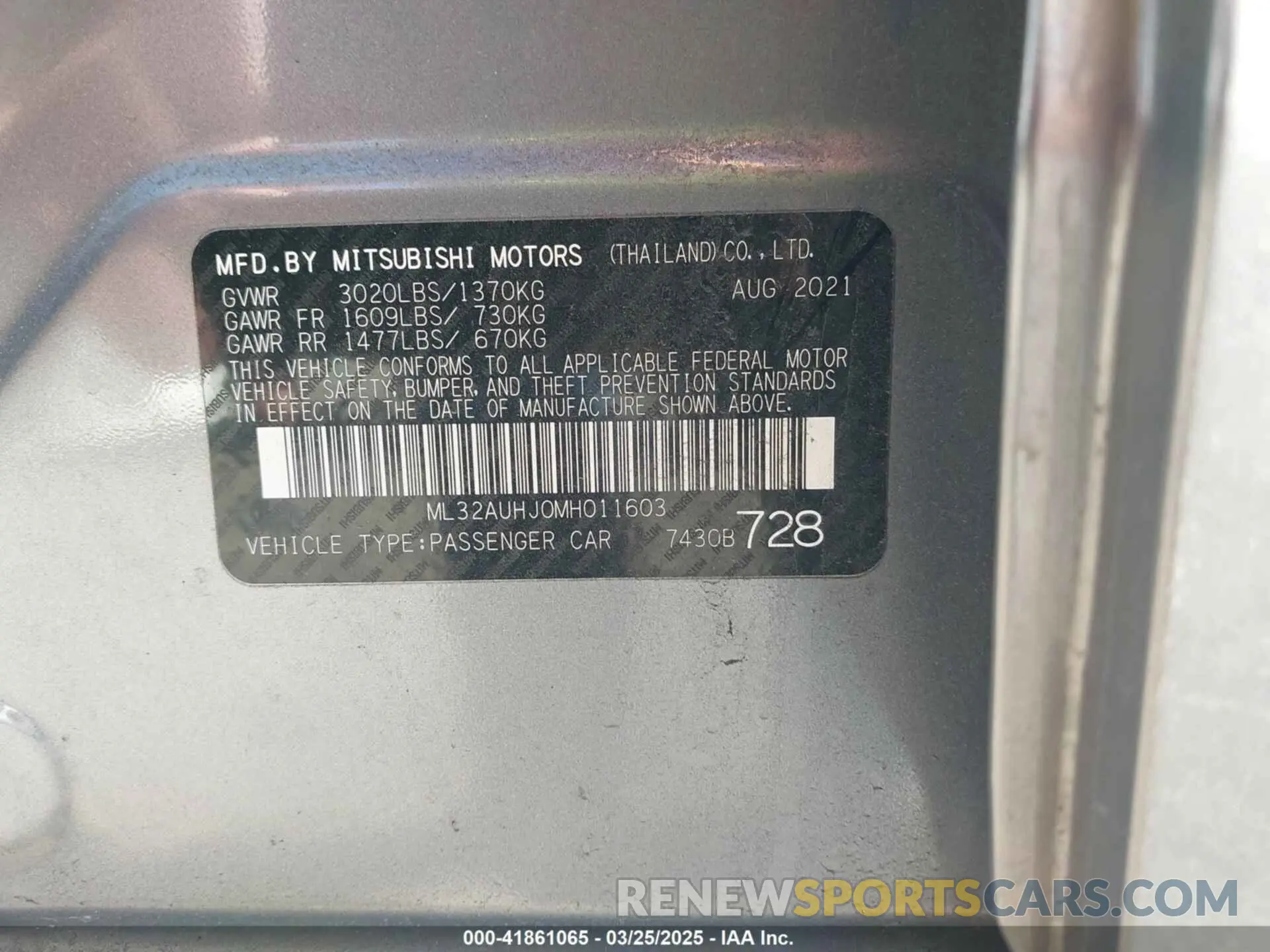9 fotografías del automóvil dañado ML32AUHJ0MH011603 MITSUBISHI MIRAGE 2021