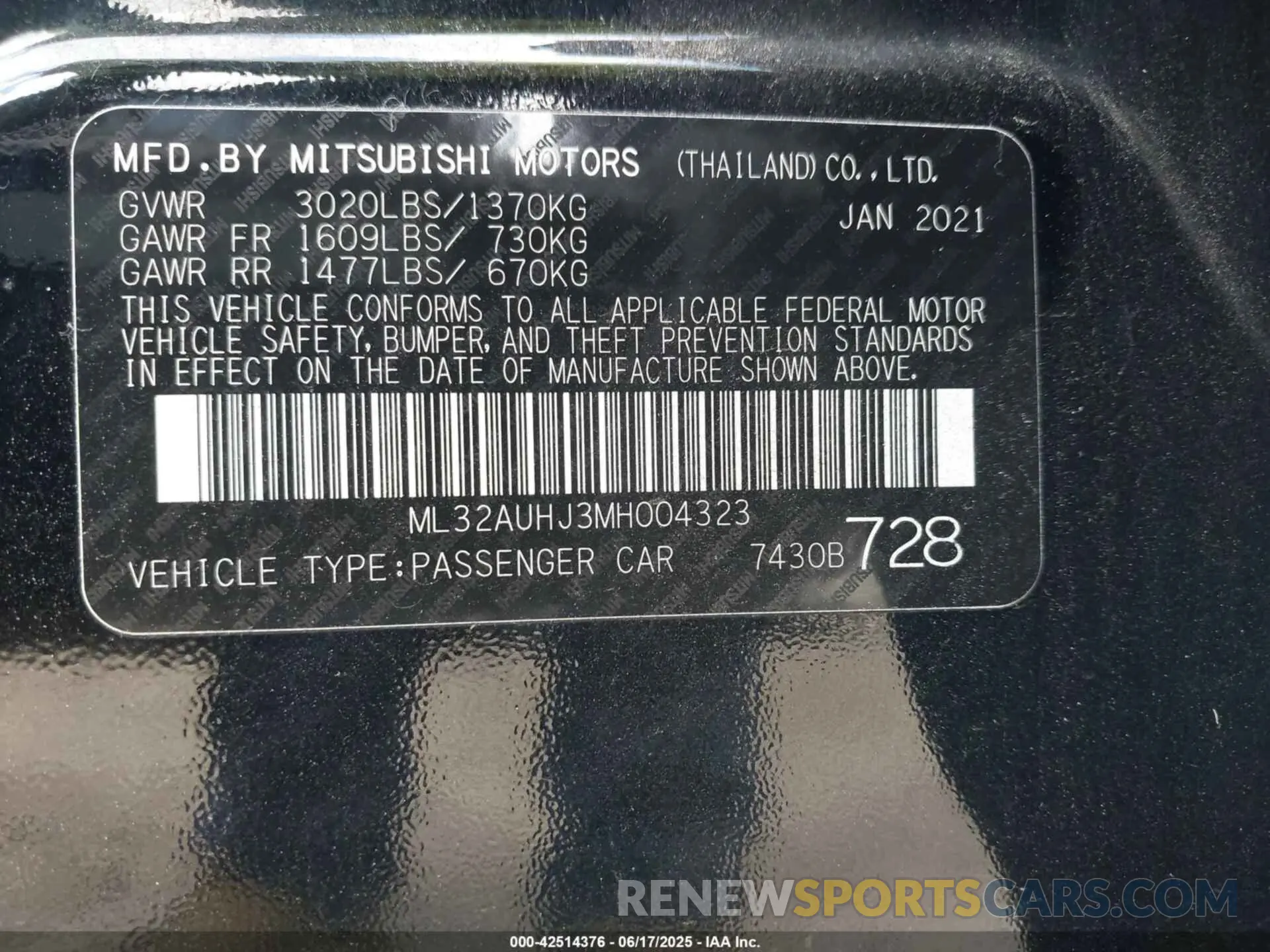 9 fotografías del automóvil dañado ML32AUHJ3MH004323 MITSUBISHI MIRAGE 2021