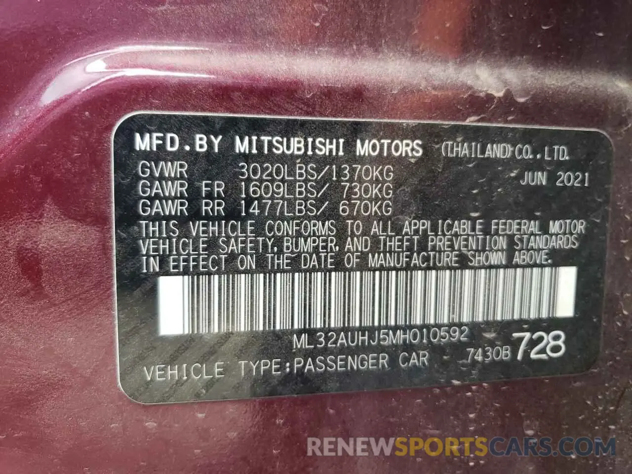 12 fotografías del automóvil dañado ML32AUHJ5MH010592 MITSUBISHI MIRAGE 2021