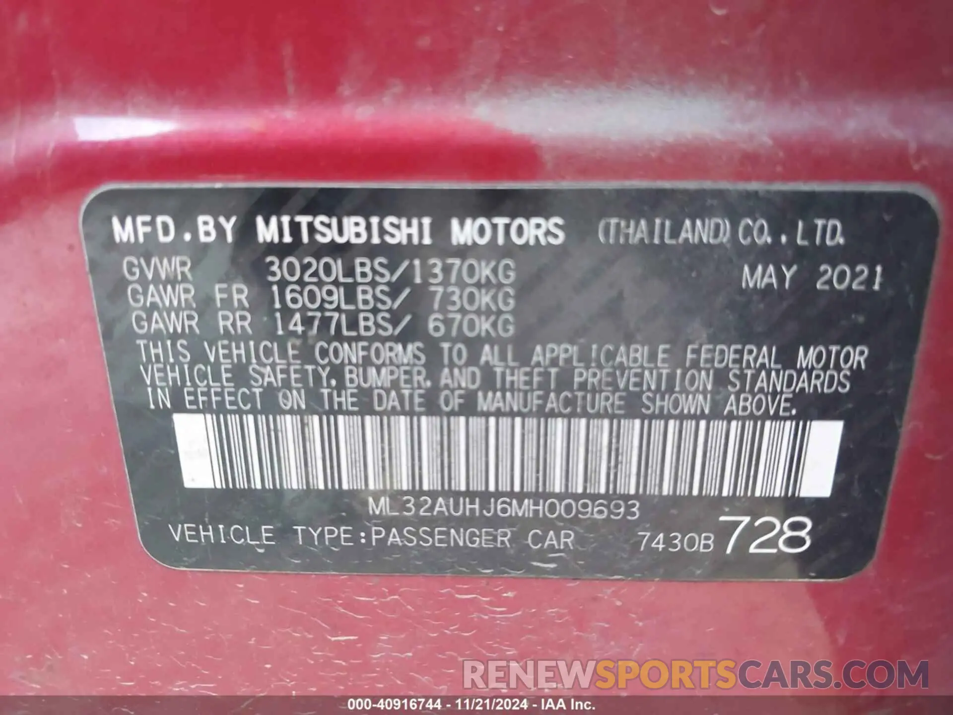 9 fotografías del automóvil dañado ML32AUHJ6MH009693 MITSUBISHI MIRAGE 2021