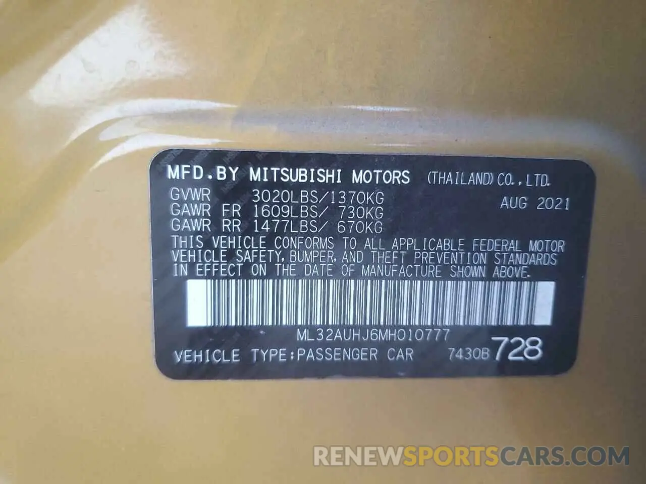 13 fotografías del automóvil dañado ML32AUHJ6MH010777 MITSUBISHI MIRAGE 2021