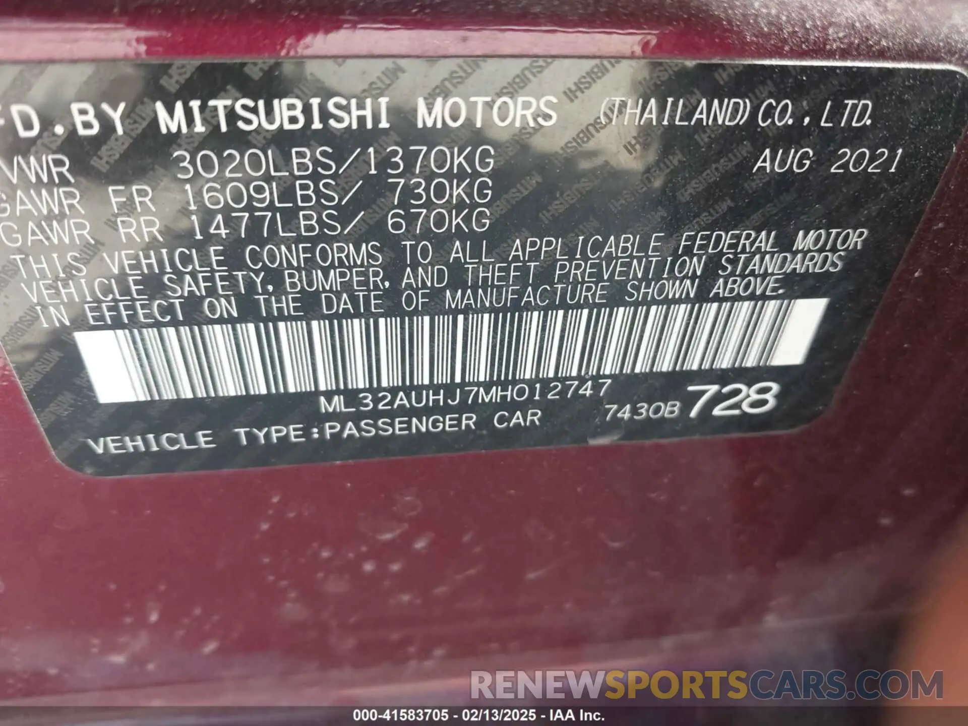 9 fotografías del automóvil dañado ML32AUHJ7MH012747 MITSUBISHI MIRAGE 2021