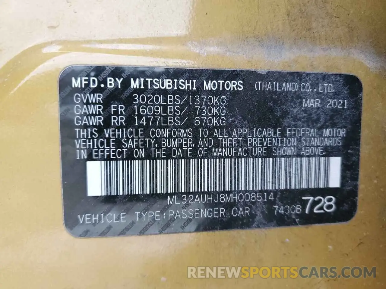 13 fotografías del automóvil dañado ML32AUHJ8MH008514 MITSUBISHI MIRAGE 2021
