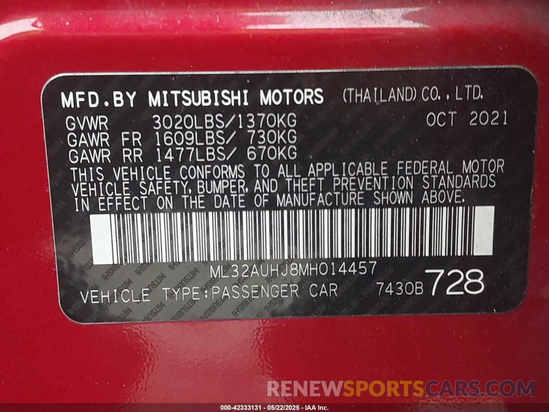9 fotografías del automóvil dañado ML32AUHJ8MH014457 MITSUBISHI MIRAGE 2021
