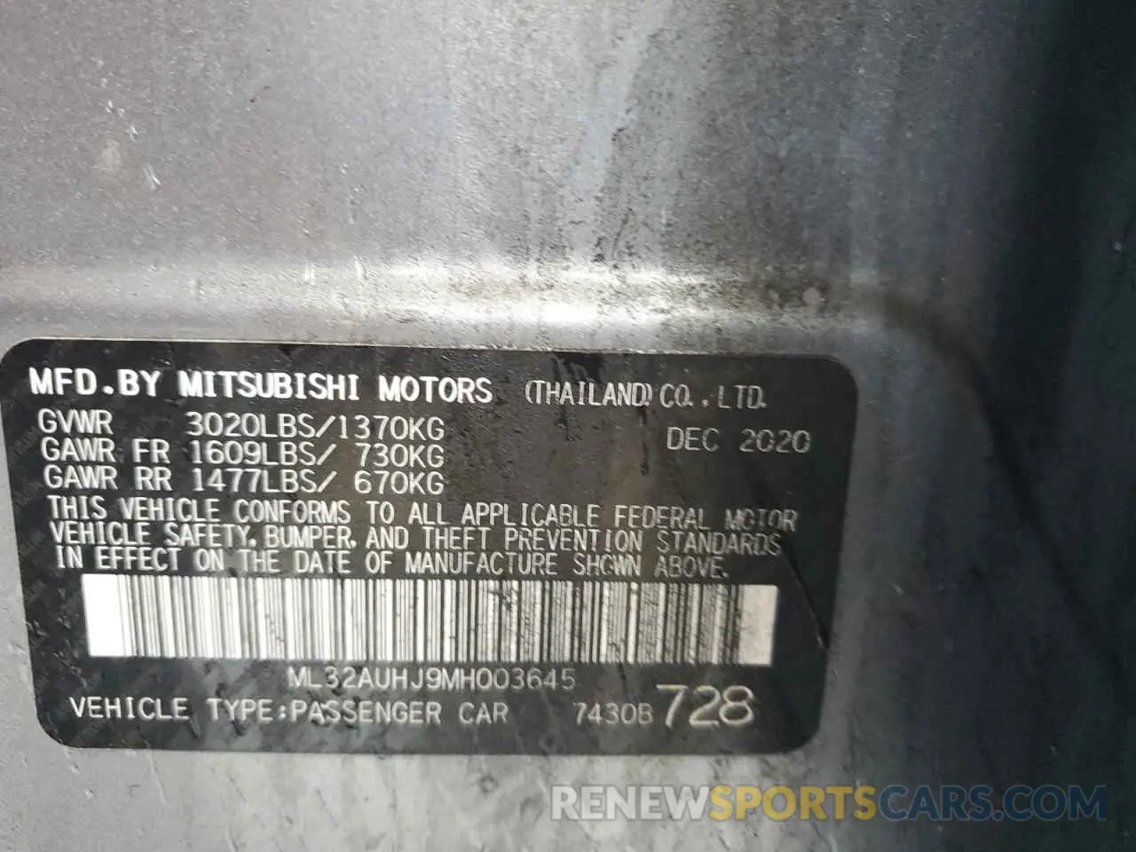 12 fotografías del automóvil dañado ML32AUHJ9MH003645 MITSUBISHI MIRAGE 2021