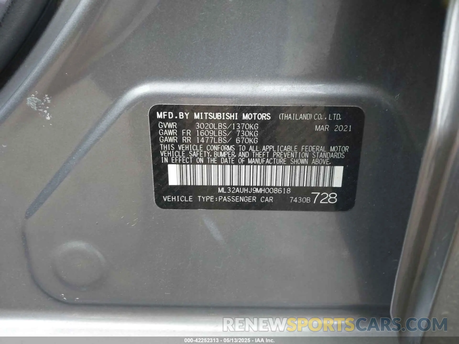 9 fotografías del automóvil dañado ML32AUHJ9MH008618 MITSUBISHI MIRAGE 2021