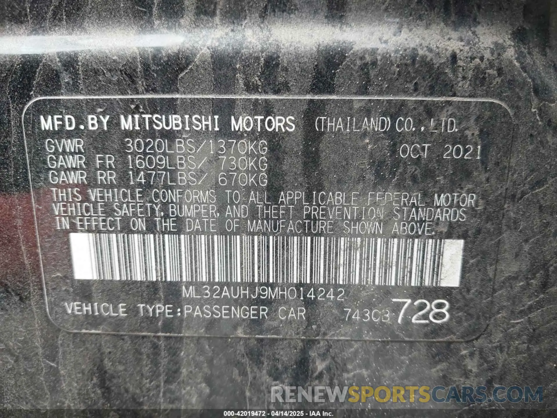 9 fotografías del automóvil dañado ML32AUHJ9MH014242 MITSUBISHI MIRAGE 2021