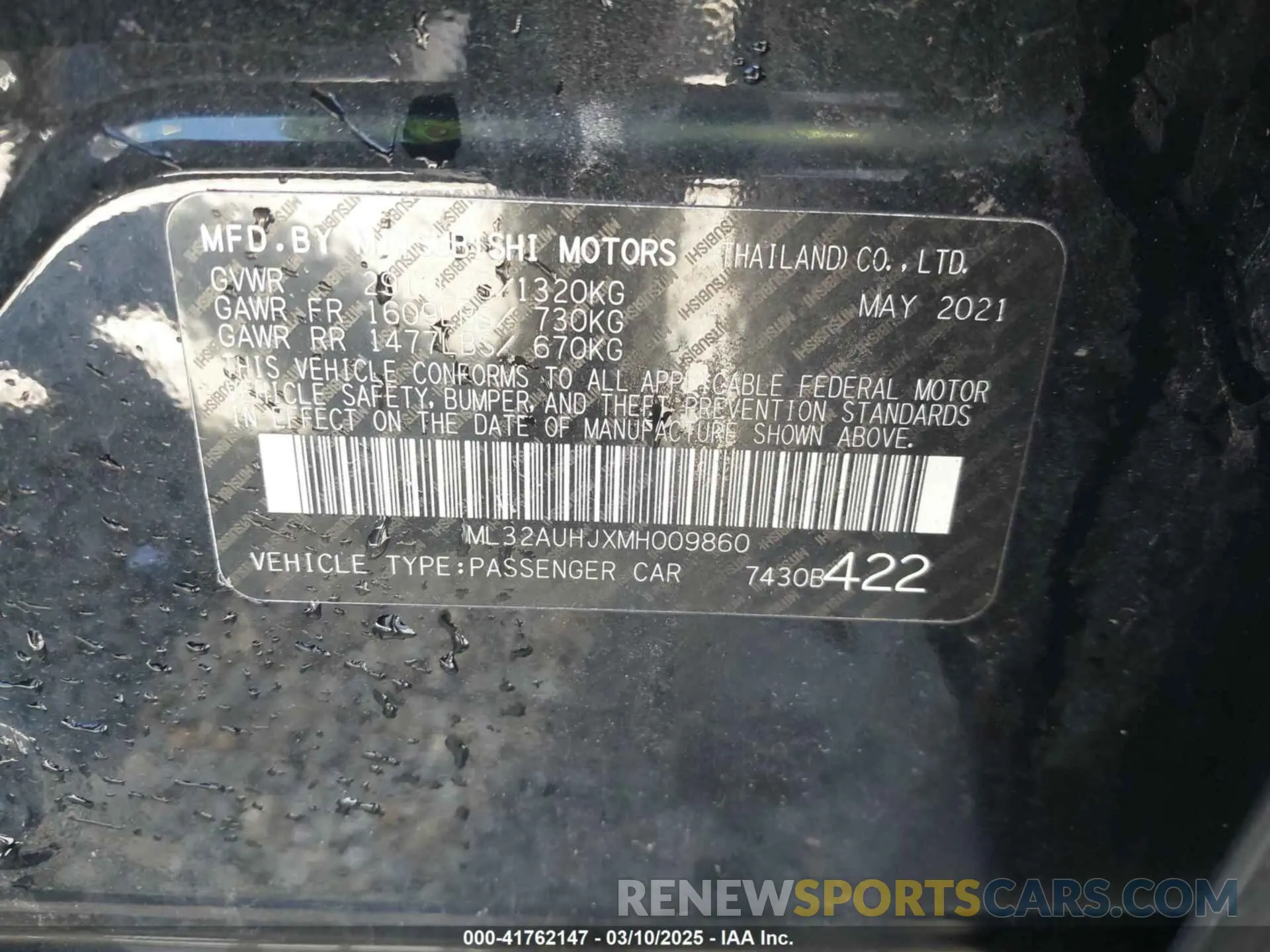 9 fotografías del automóvil dañado ML32AUHJXMH009860 MITSUBISHI MIRAGE 2021