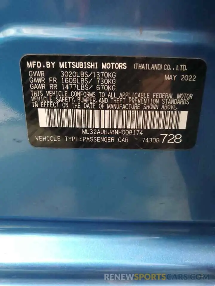 12 fotografías del automóvil dañado ML32AUHJ8NH008174 MITSUBISHI MIRAGE 2022