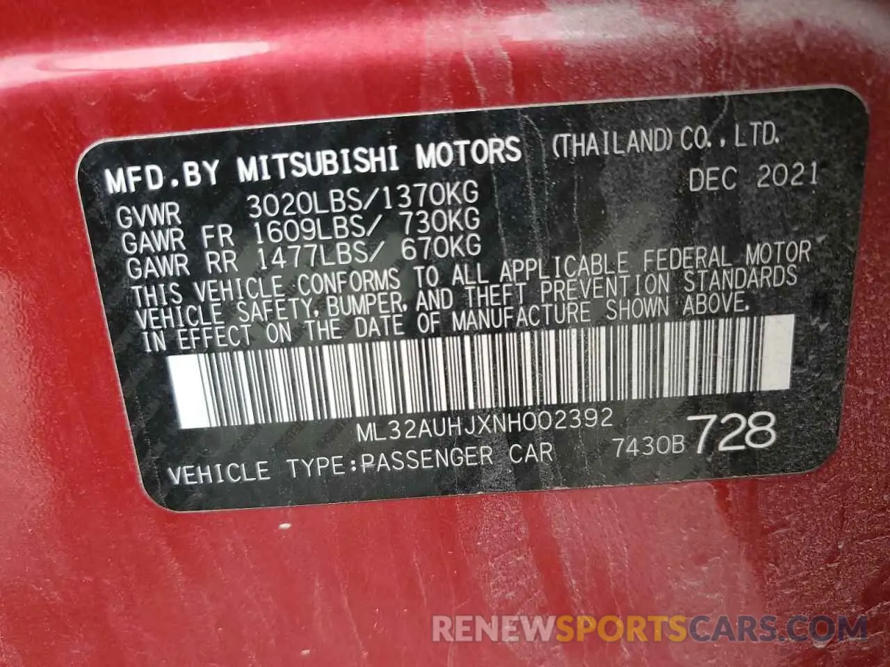 12 fotografías del automóvil dañado ML32AUHJXNH002392 MITSUBISHI MIRAGE 2022