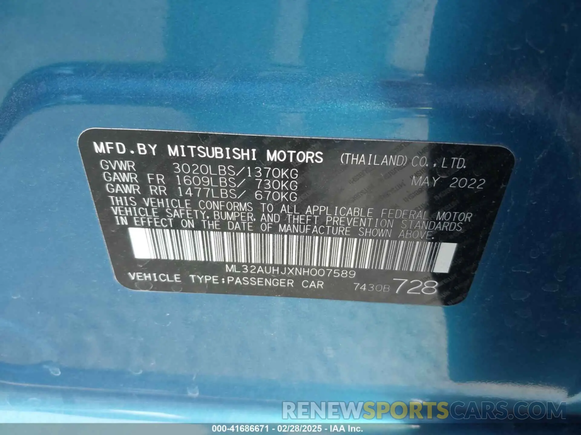 9 fotografías del automóvil dañado ML32AUHJXNH007589 MITSUBISHI MIRAGE 2022