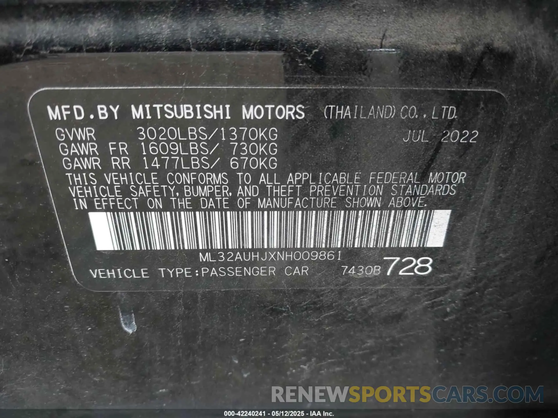 9 fotografías del automóvil dañado ML32AUHJXNH009861 MITSUBISHI MIRAGE 2022