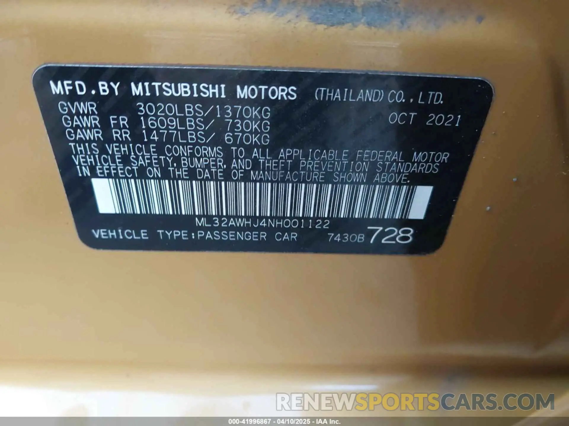 9 fotografías del automóvil dañado ML32AWHJ4NH001122 MITSUBISHI MIRAGE 2022