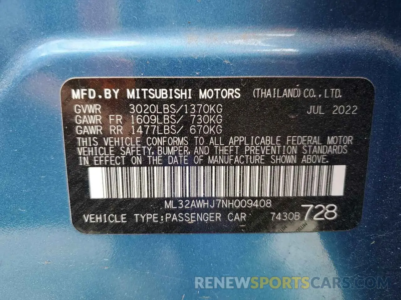 16 fotografías del automóvil dañado ML32AWHJ7NH009408 MITSUBISHI MIRAGE 2022