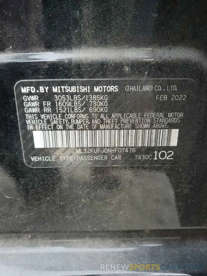 12 fotografías del automóvil dañado ML32FUFJ0NHF07476 MITSUBISHI MIRAGE 2022