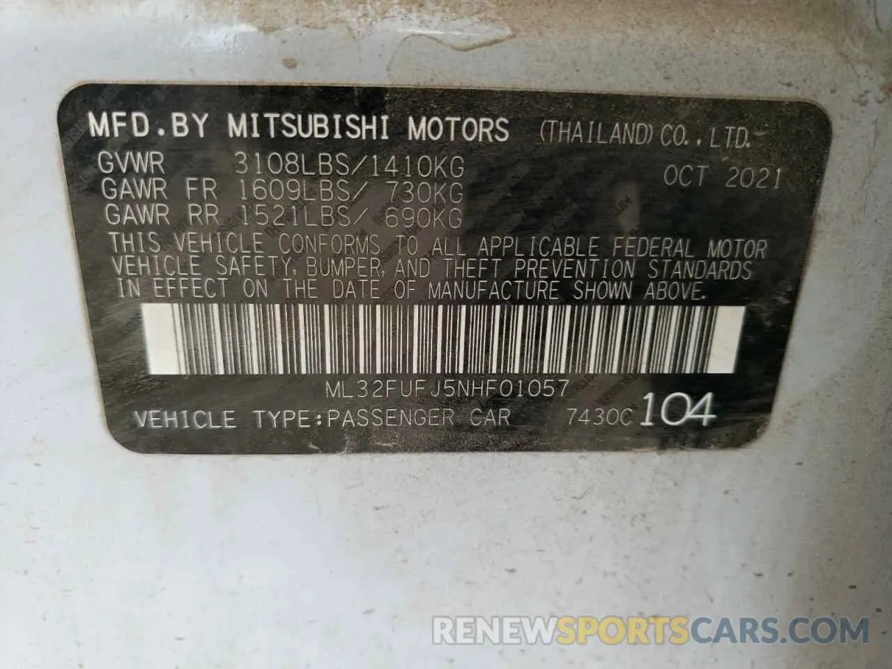 10 fotografías del automóvil dañado ML32FUFJ5NHF01057 MITSUBISHI MIRAGE 2022