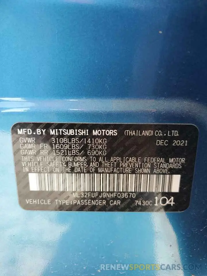 12 fotografías del automóvil dañado ML32FUFJ9NHF03670 MITSUBISHI MIRAGE 2022