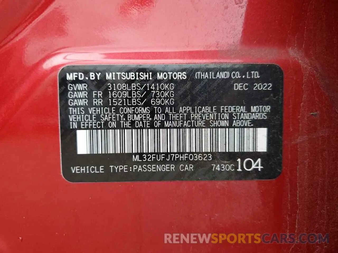 12 fotografías del automóvil dañado ML32FUFJ7PHF03623 MITSUBISHI MIRAGE 2023