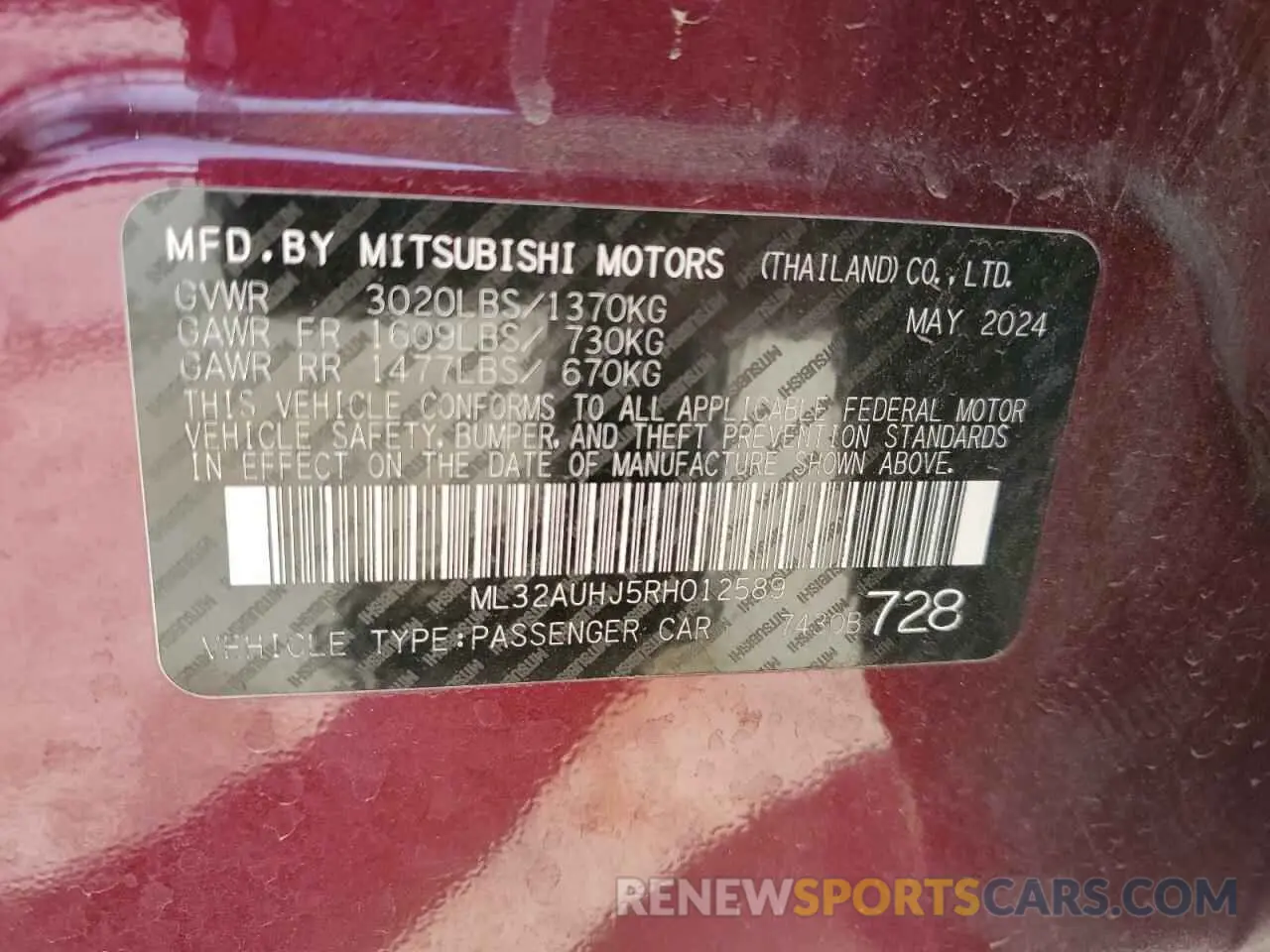12 fotografías del automóvil dañado ML32AUHJ5RH012589 MITSUBISHI MIRAGE 2024