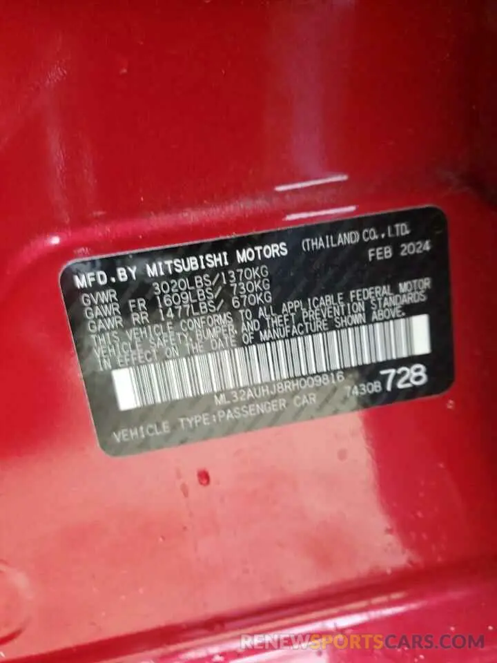 12 fotografías del automóvil dañado ML32AUHJ8RH009816 MITSUBISHI MIRAGE 2024