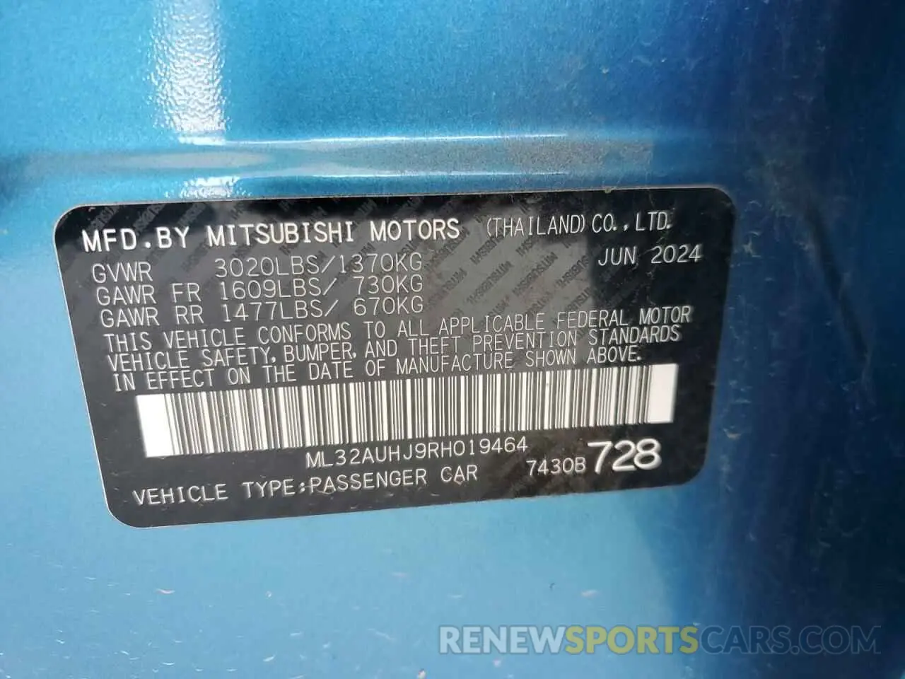 14 fotografías del automóvil dañado ML32AUHJ9RH019464 MITSUBISHI MIRAGE 2024