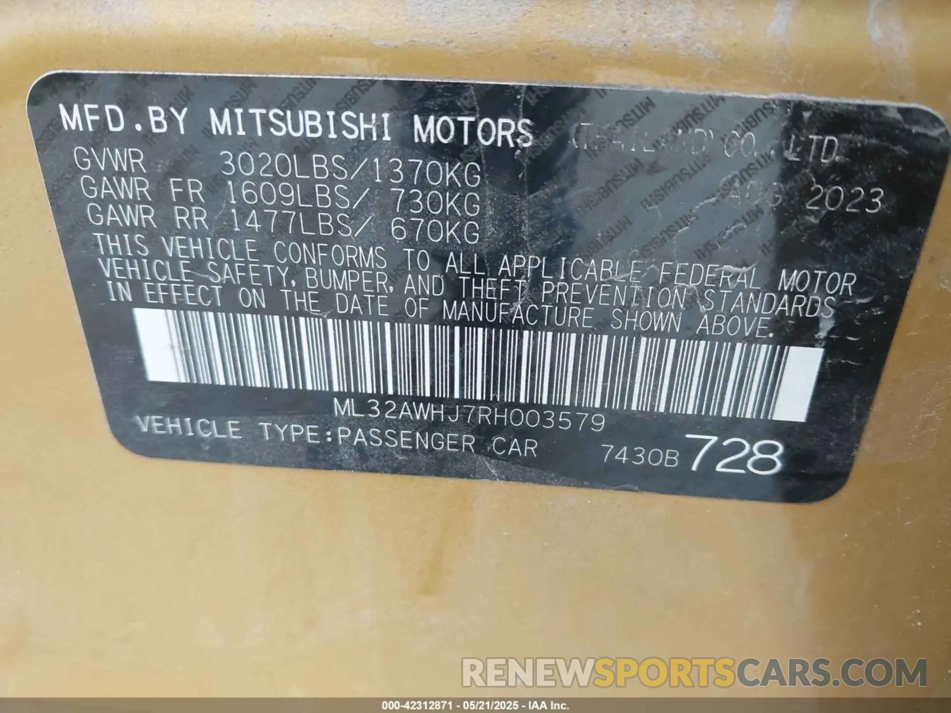 9 fotografías del automóvil dañado ML32AWHJ7RH003579 MITSUBISHI MIRAGE 2024