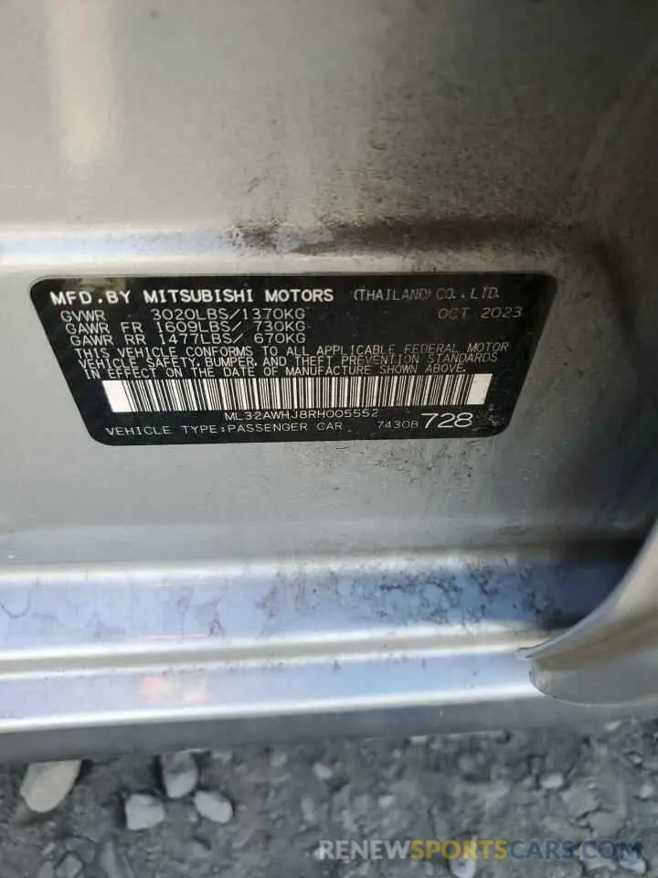 12 fotografías del automóvil dañado ML32AWHJ8RH005552 MITSUBISHI MIRAGE 2024