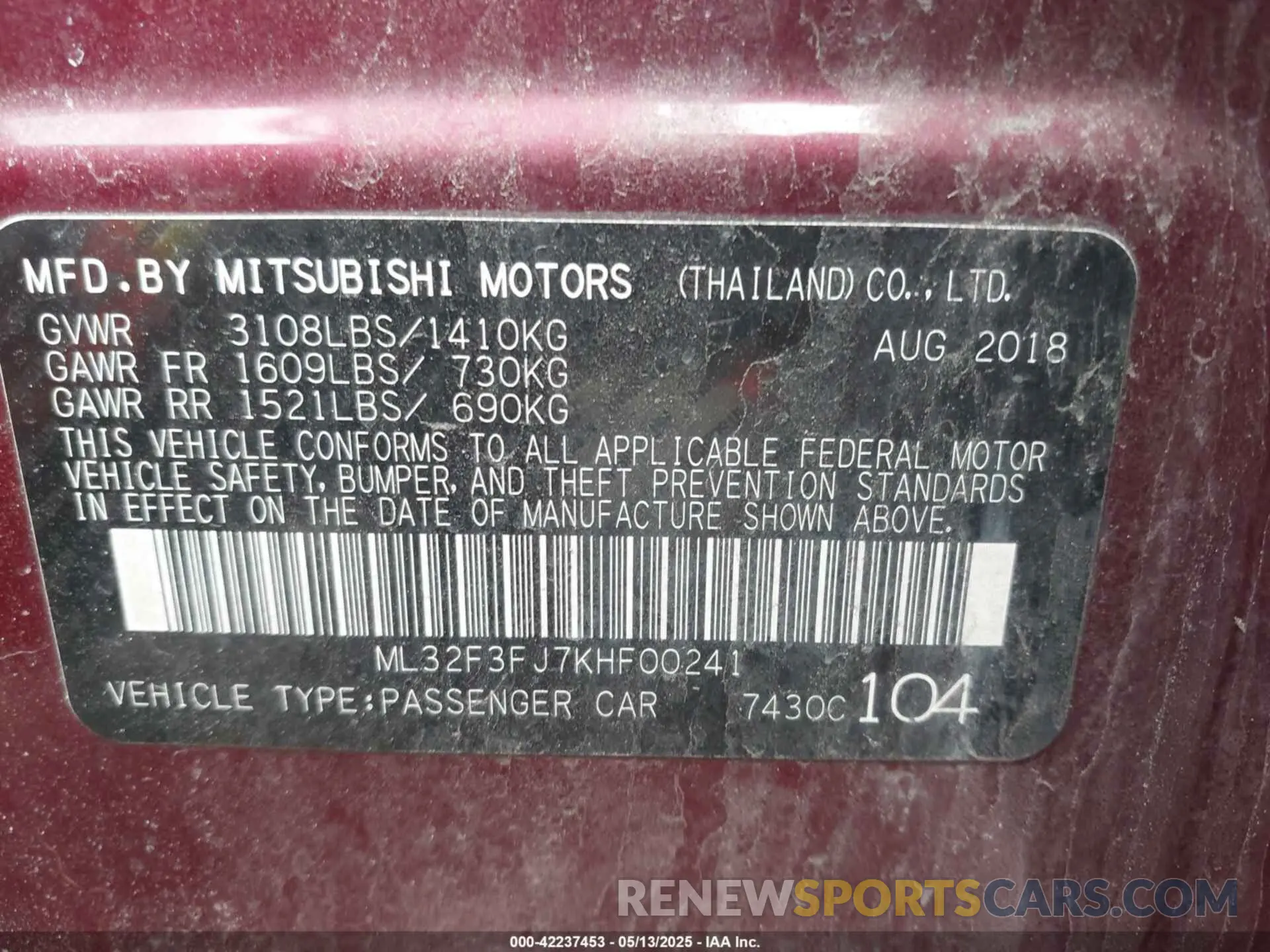 9 fotografías del automóvil dañado ML32F3FJ7KHF00241 MITSUBISHI MIRAGE G4 2019