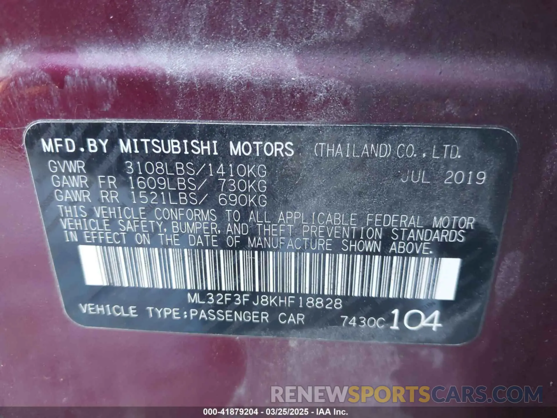 9 fotografías del automóvil dañado ML32F3FJ8KHF18828 MITSUBISHI MIRAGE G4 2019