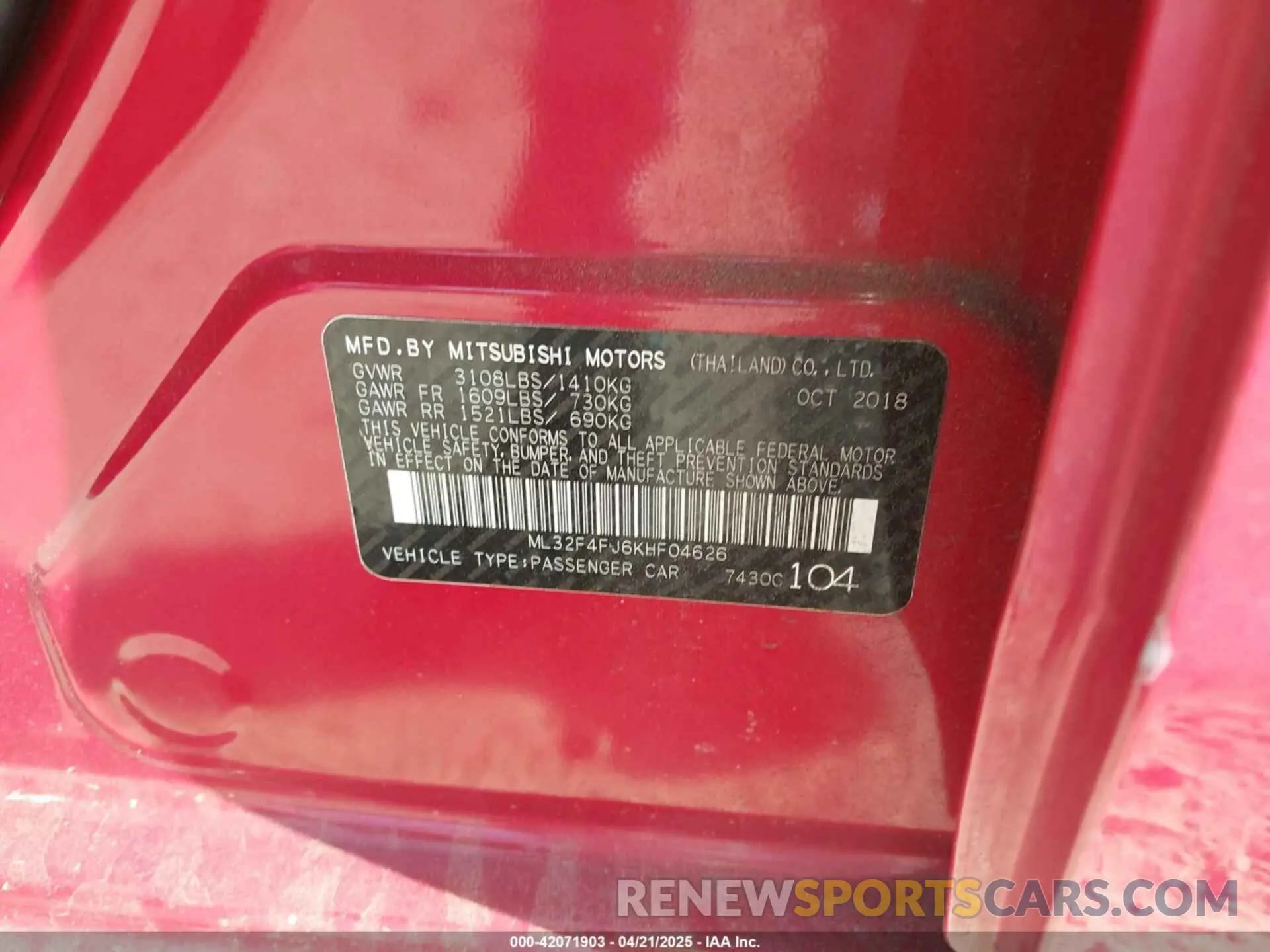9 fotografías del automóvil dañado ML32F4FJ6KHF04626 MITSUBISHI MIRAGE G4 2019