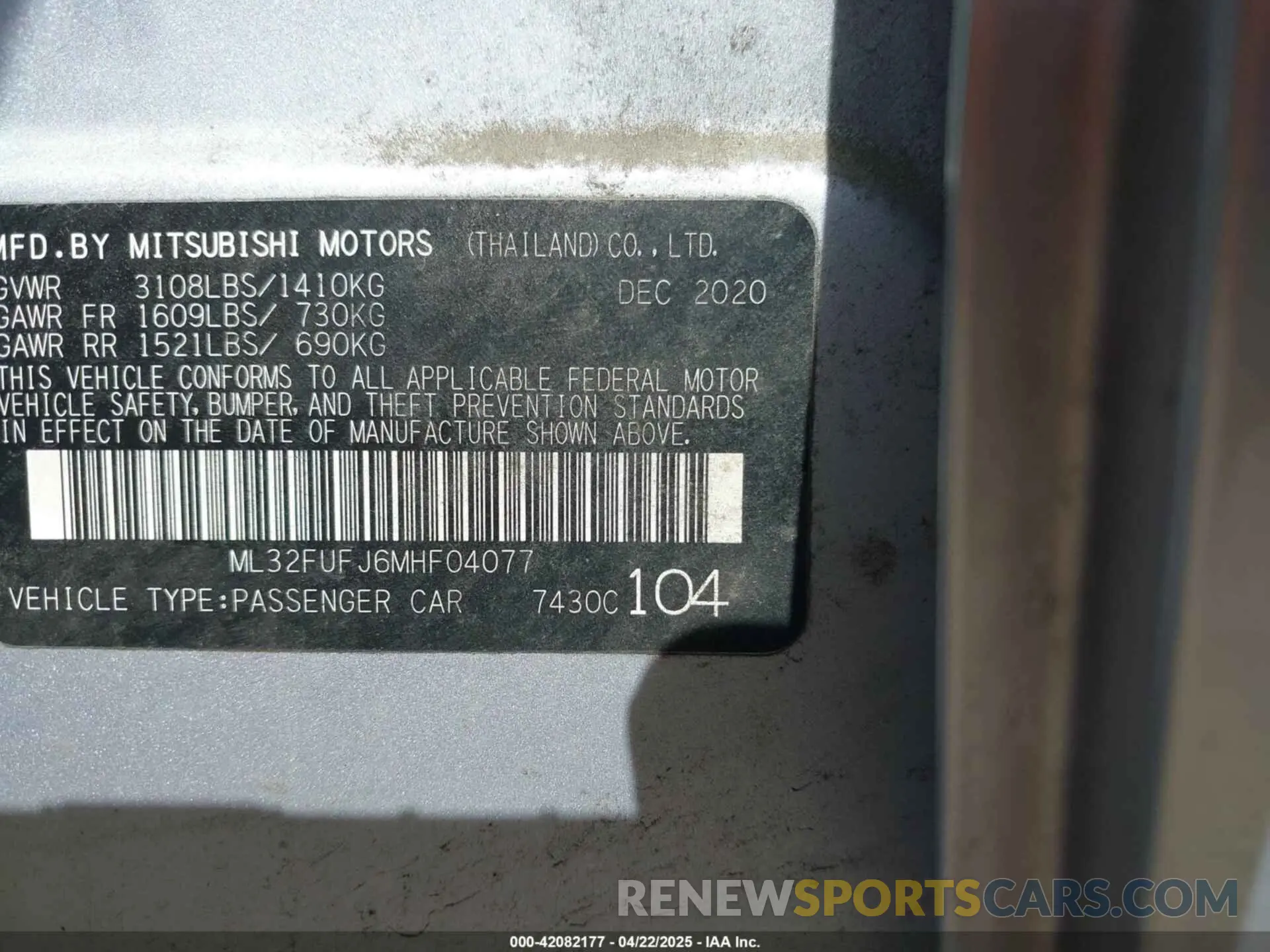 9 fotografías del automóvil dañado ML32FUFJ6MHF04077 MITSUBISHI MIRAGE G4 2021