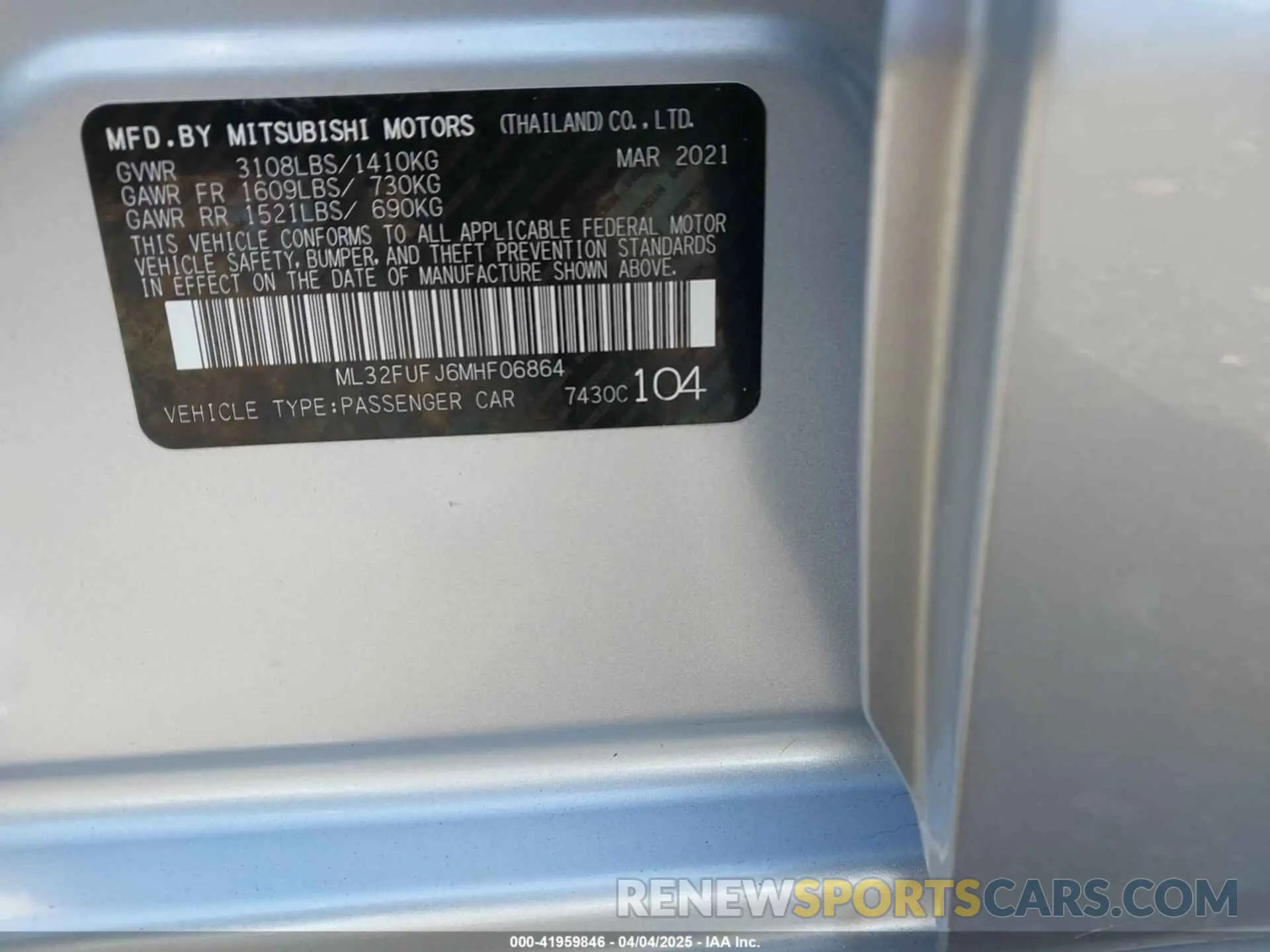 9 fotografías del automóvil dañado ML32FUFJ6MHF06864 MITSUBISHI MIRAGE G4 2021