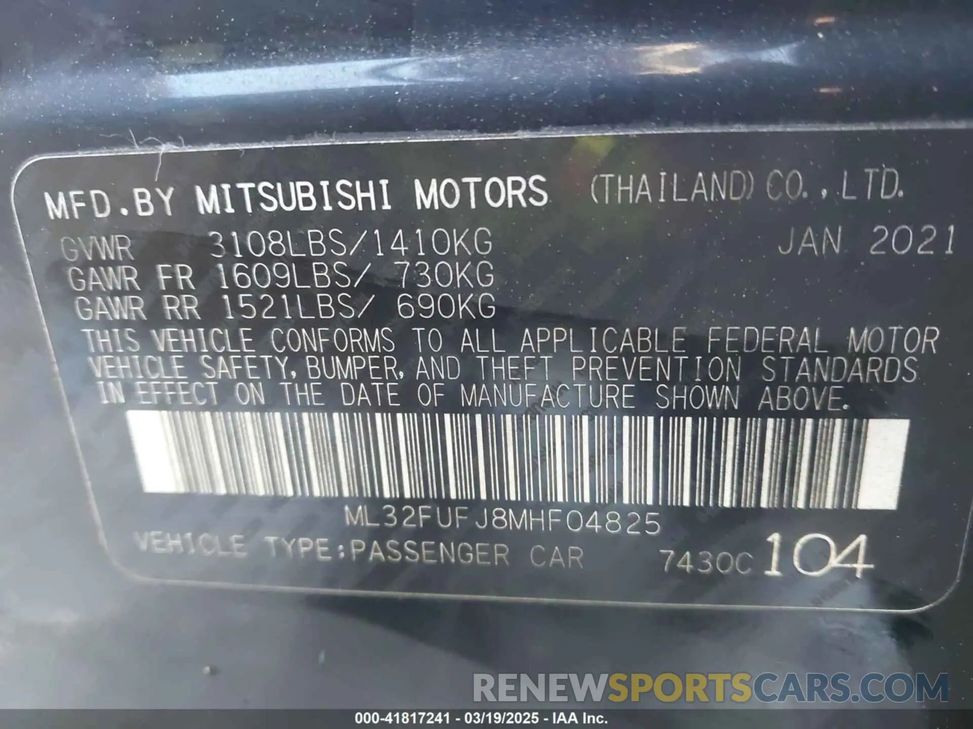 9 fotografías del automóvil dañado ML32FUFJ8MHF04825 MITSUBISHI MIRAGE G4 2021