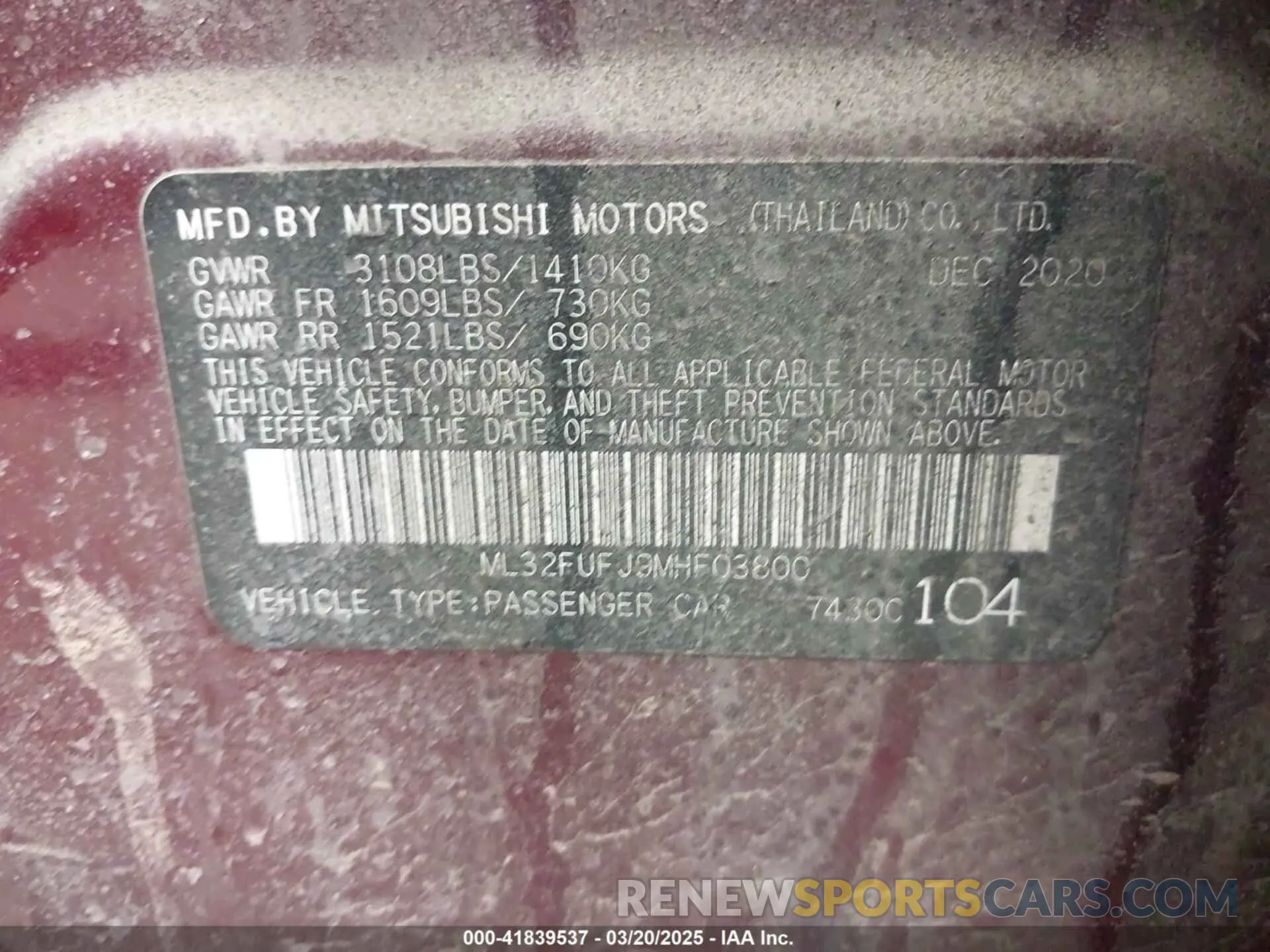 9 fotografías del automóvil dañado ML32FUFJ9MHF03800 MITSUBISHI MIRAGE G4 2021
