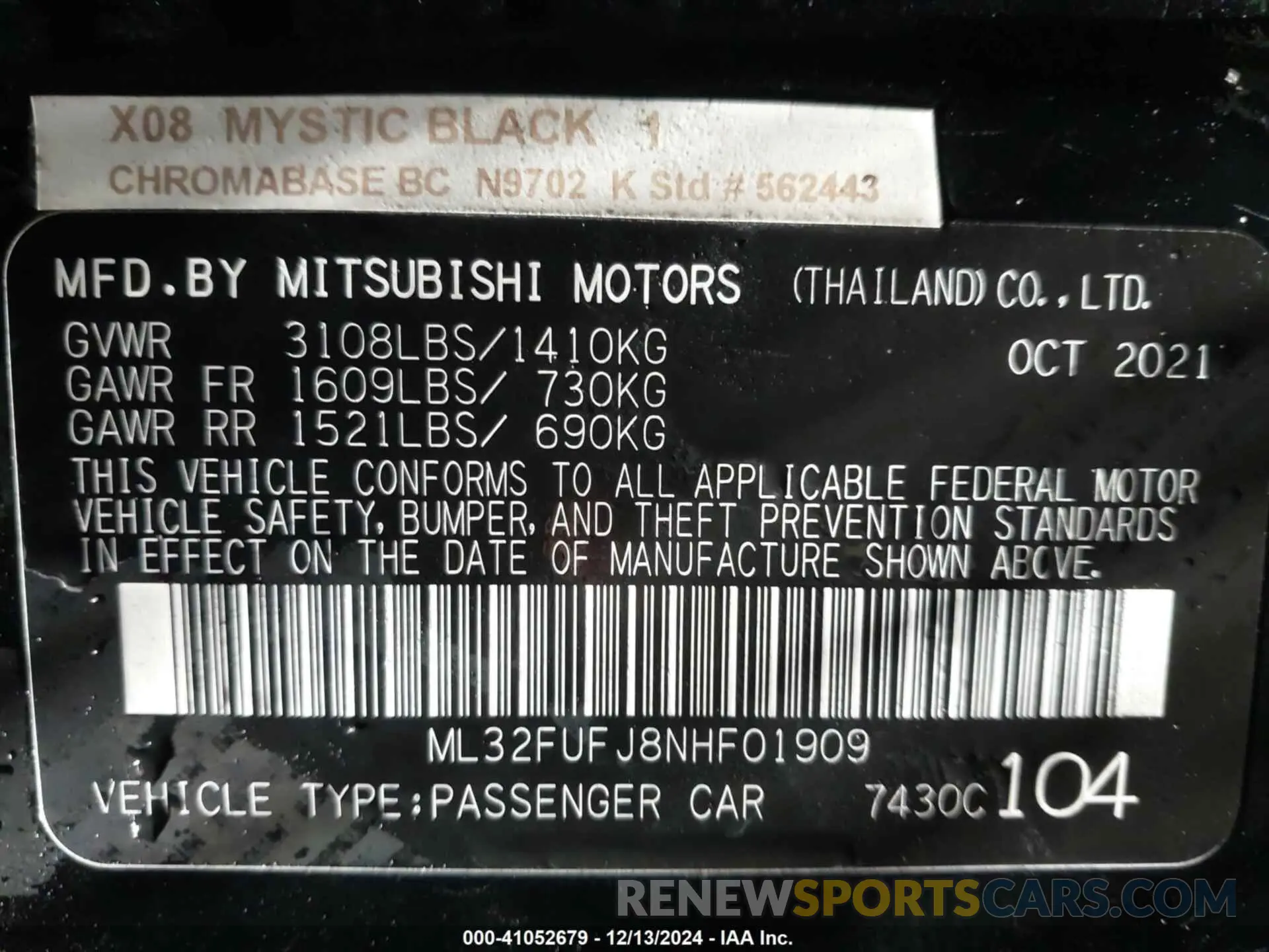 9 fotografías del automóvil dañado ML32FUFJ8NHF01909 MITSUBISHI MIRAGE G4 2022