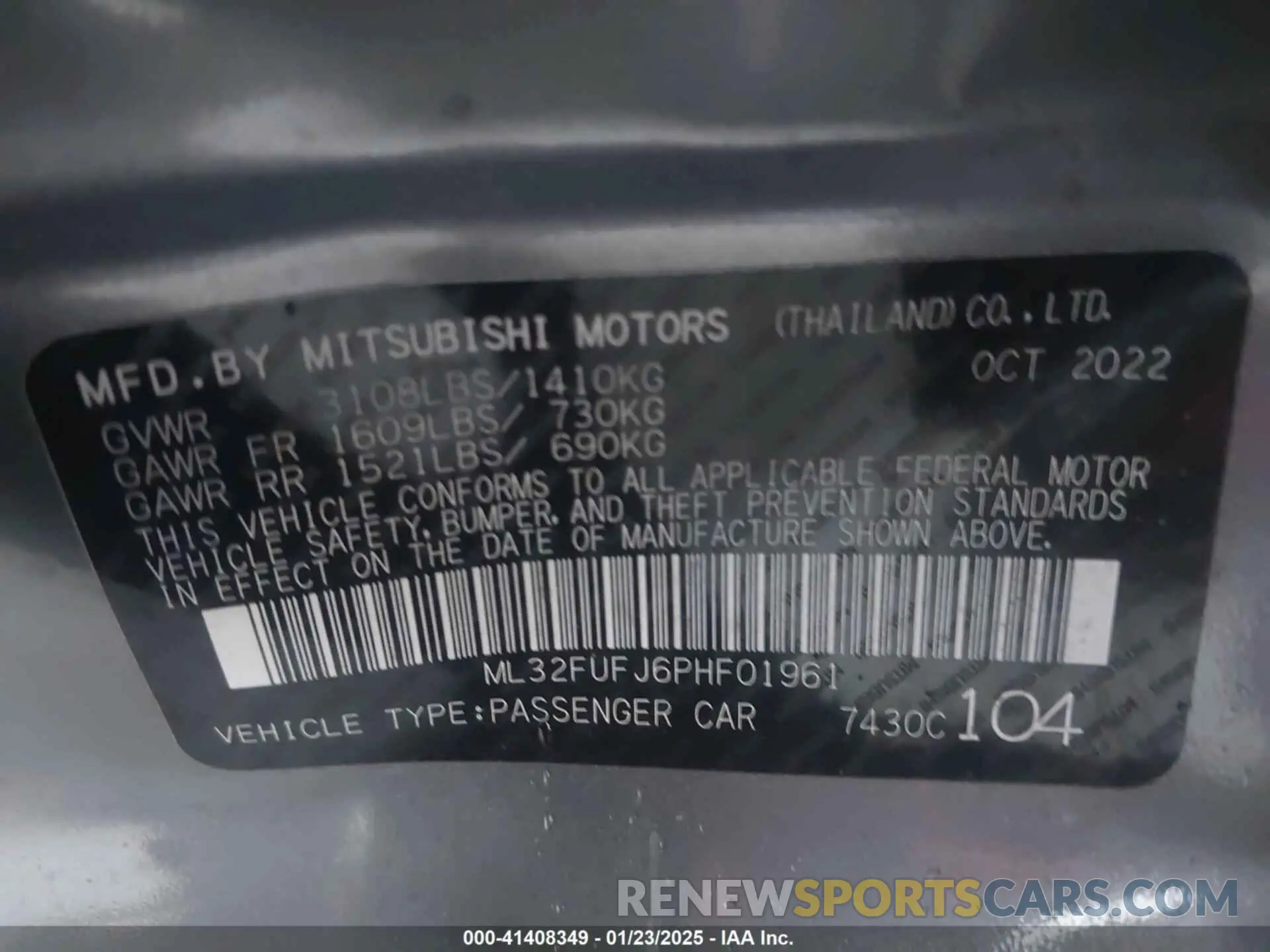 9 fotografías del automóvil dañado ML32FUFJ6PHF01961 MITSUBISHI MIRAGE G4 2023