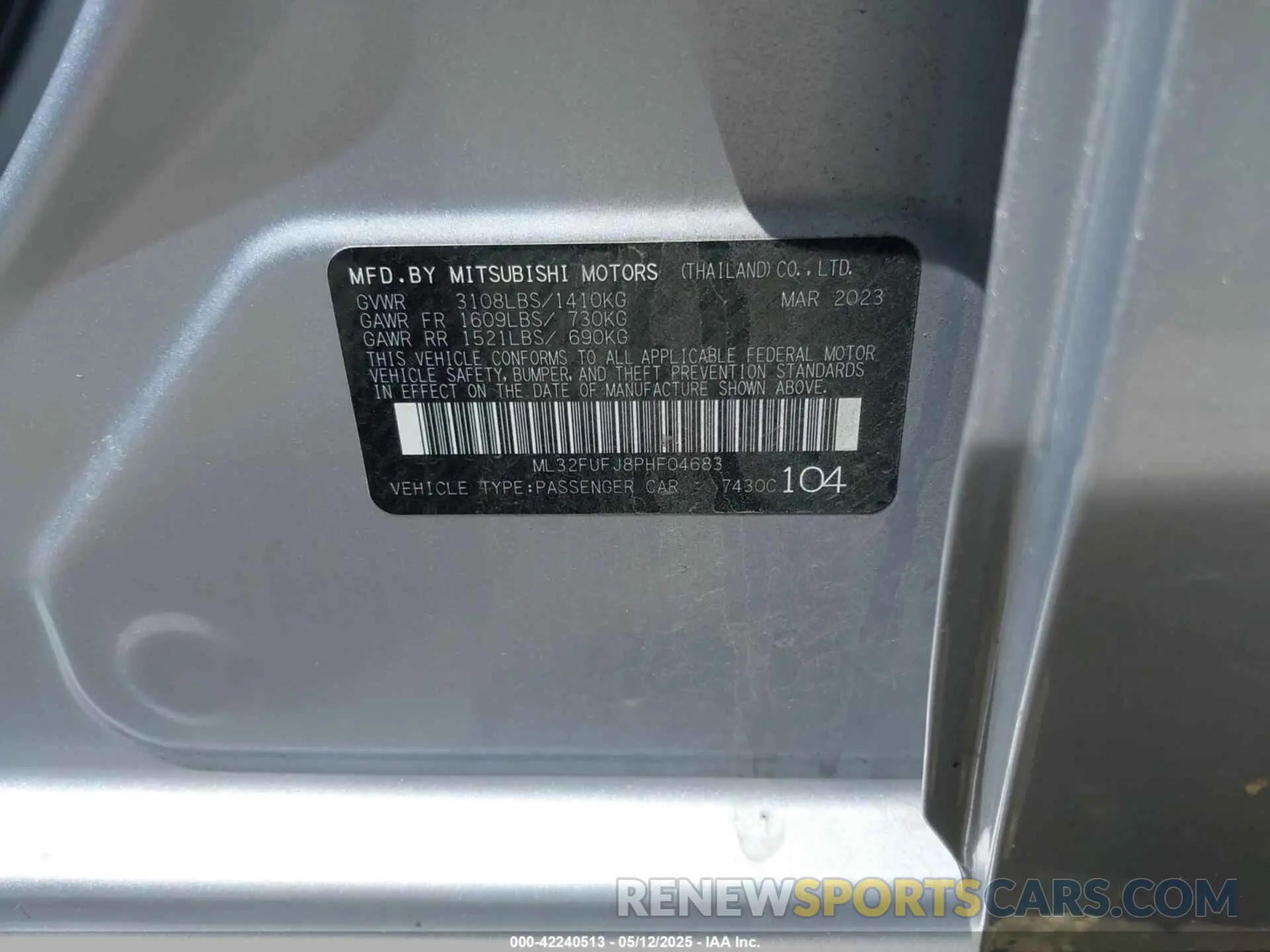 9 fotografías del automóvil dañado ML32FUFJ8PHF04683 MITSUBISHI MIRAGE G4 2023