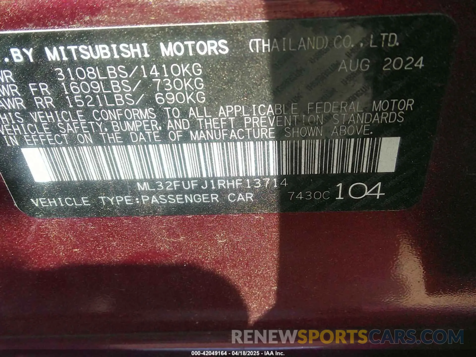 9 fotografías del automóvil dañado ML32FUFJ1RHF13714 MITSUBISHI MIRAGE G4 2024