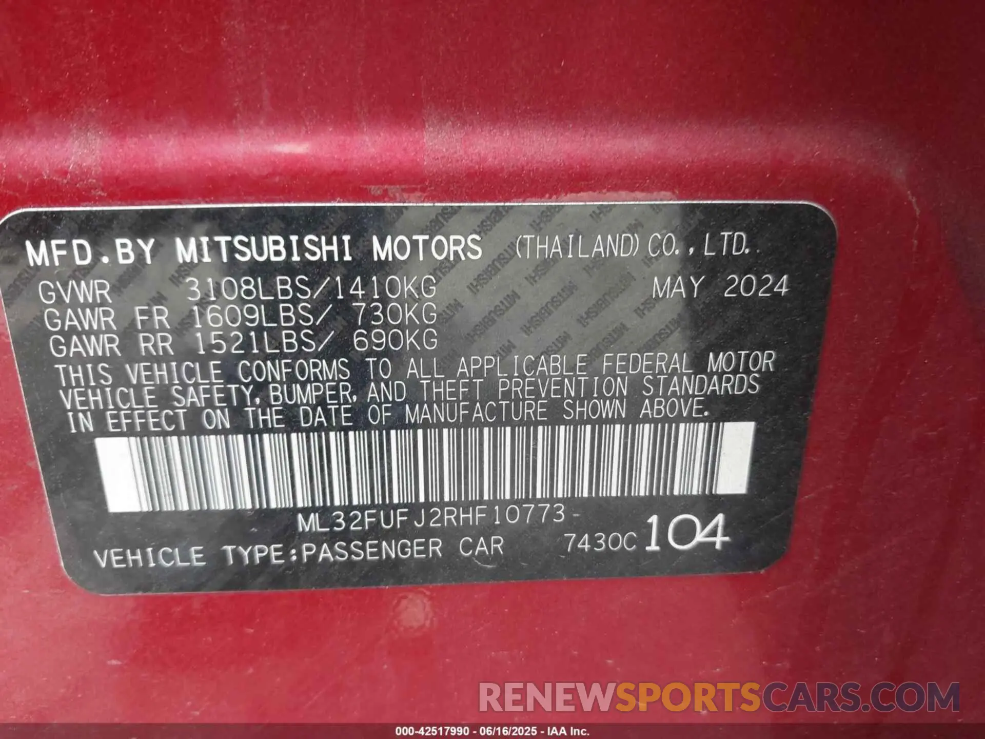 9 fotografías del automóvil dañado ML32FUFJ2RHF10773 MITSUBISHI MIRAGE G4 2024